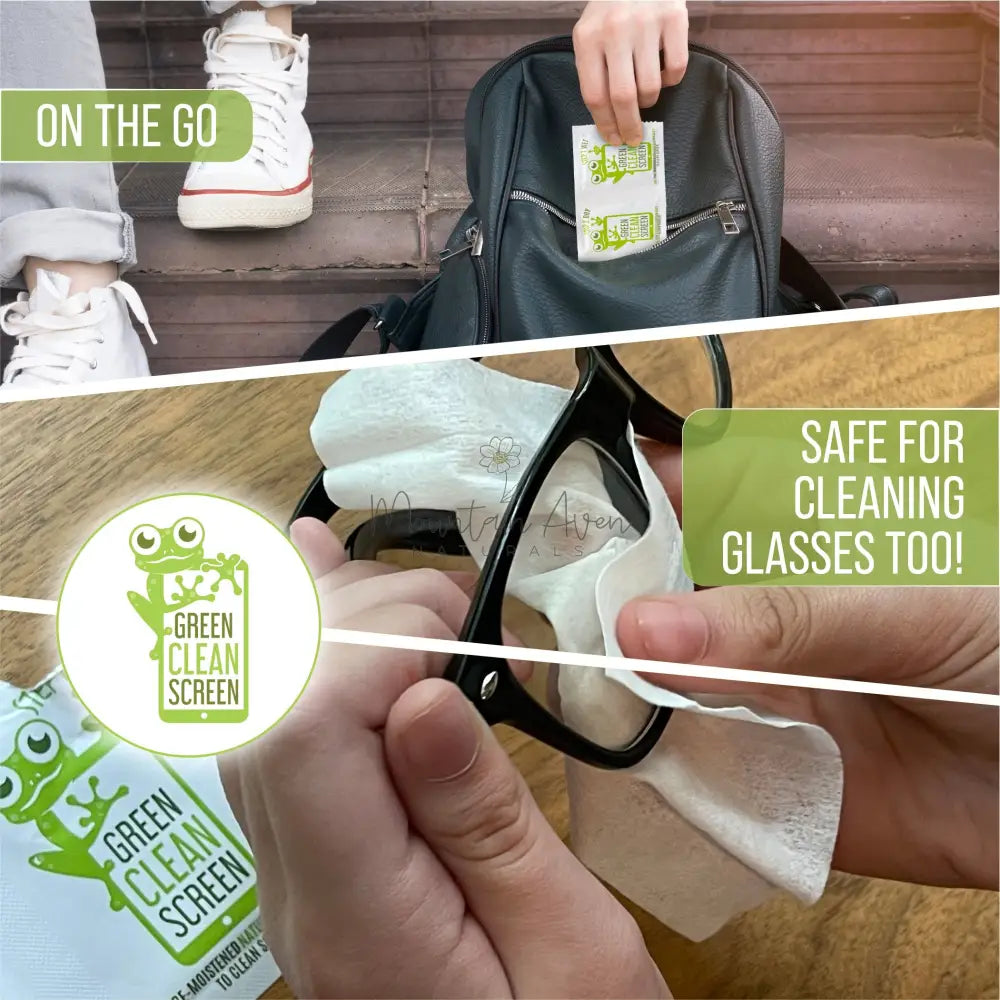 GREEN CLEAN SCREEN 🐸 Natural Screen Wipes for Kid's Electronics!Photo of ON THE GO - tucking wipes into a backpack and cleaning glasses!