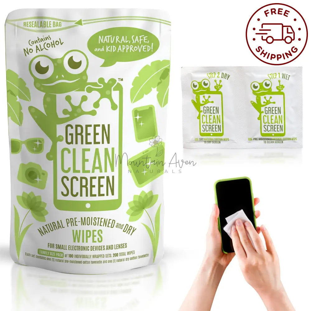 GREEN CLEAN SCREEN 🐸 Natural Screen Wipes for Kid's Electronics!Photo of package of wipes with frog on them - GREEN CLEAN SCREEN by Mountain Aven Naturals