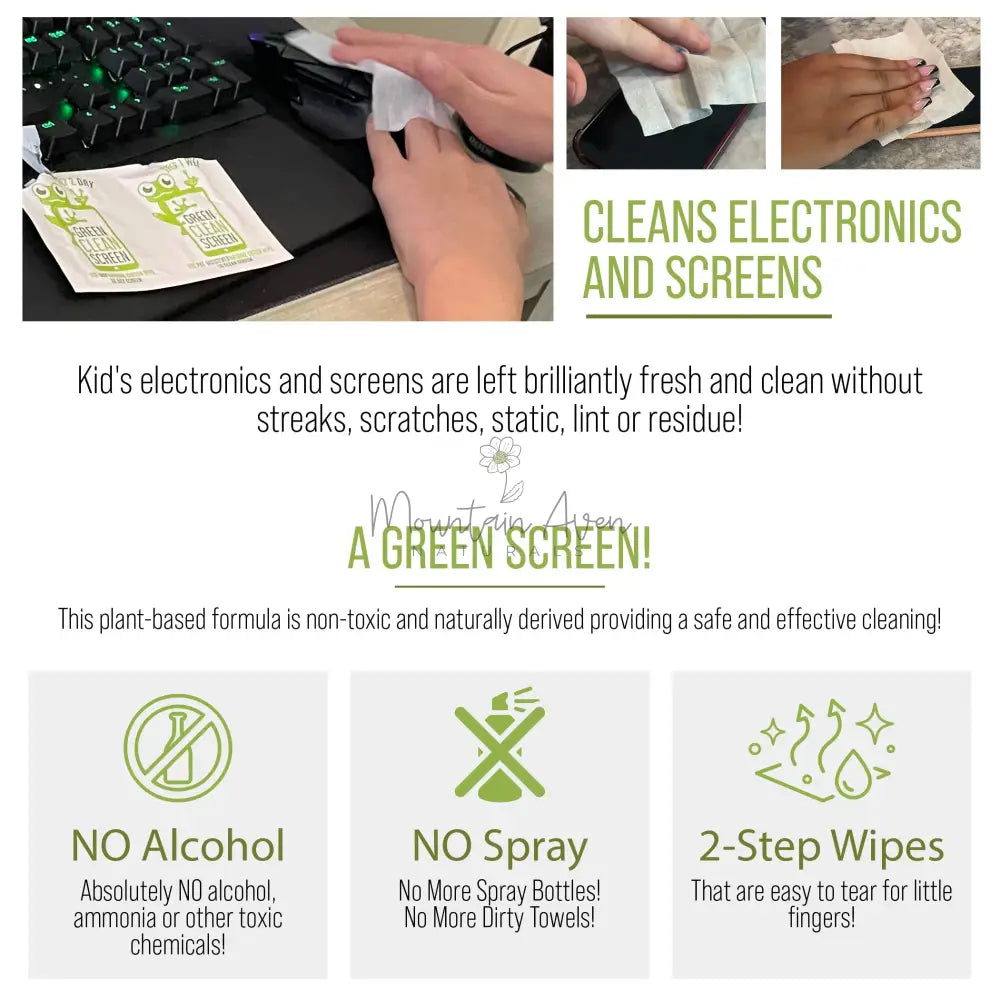 GREEN CLEAN SCREEN 🐸 Natural Screen Wipes for Kid's Electronics!Photo of using Green Clean Screen to wipe mouse and keyboard and cell phones. No alcohol, no spray, 2-step wipes!