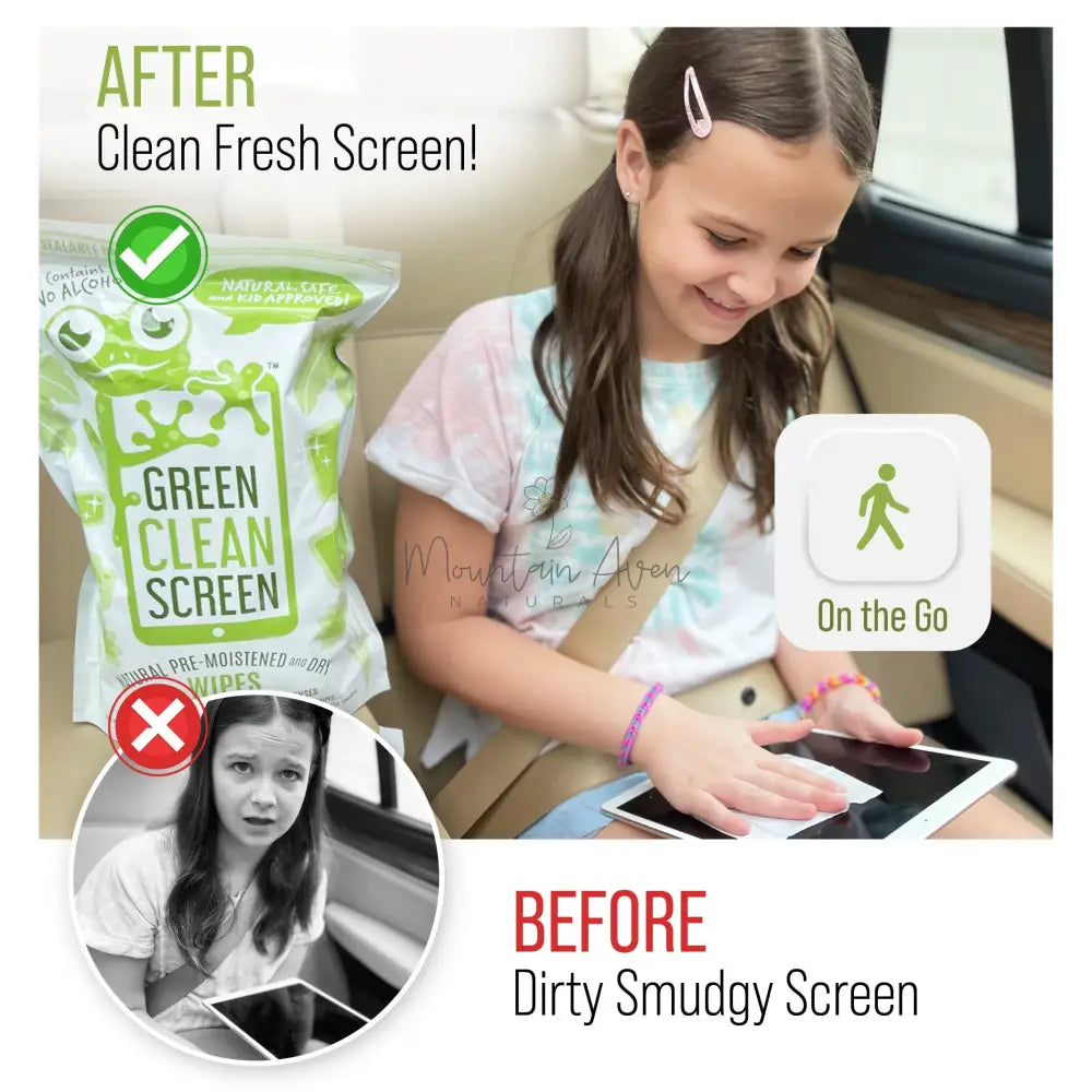 GREEN CLEAN SCREEN 🐸 Natural Screen Wipes for Kid's Electronics!Photo of girl in pig tails using GCS in car