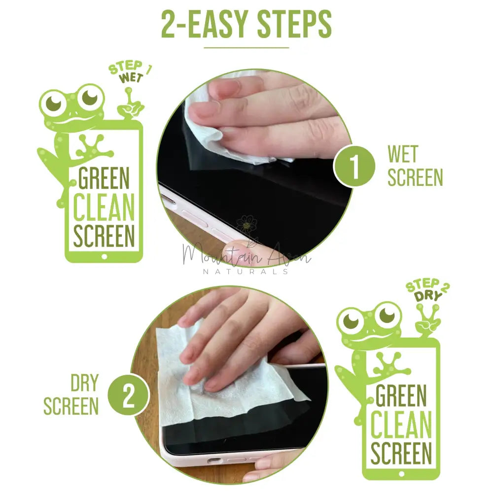 GREEN CLEAN SCREEN 🐸 Natural Screen Wipes for Kid's Electronics!Photo of two easy steps to clean screens - wet and dry wipes