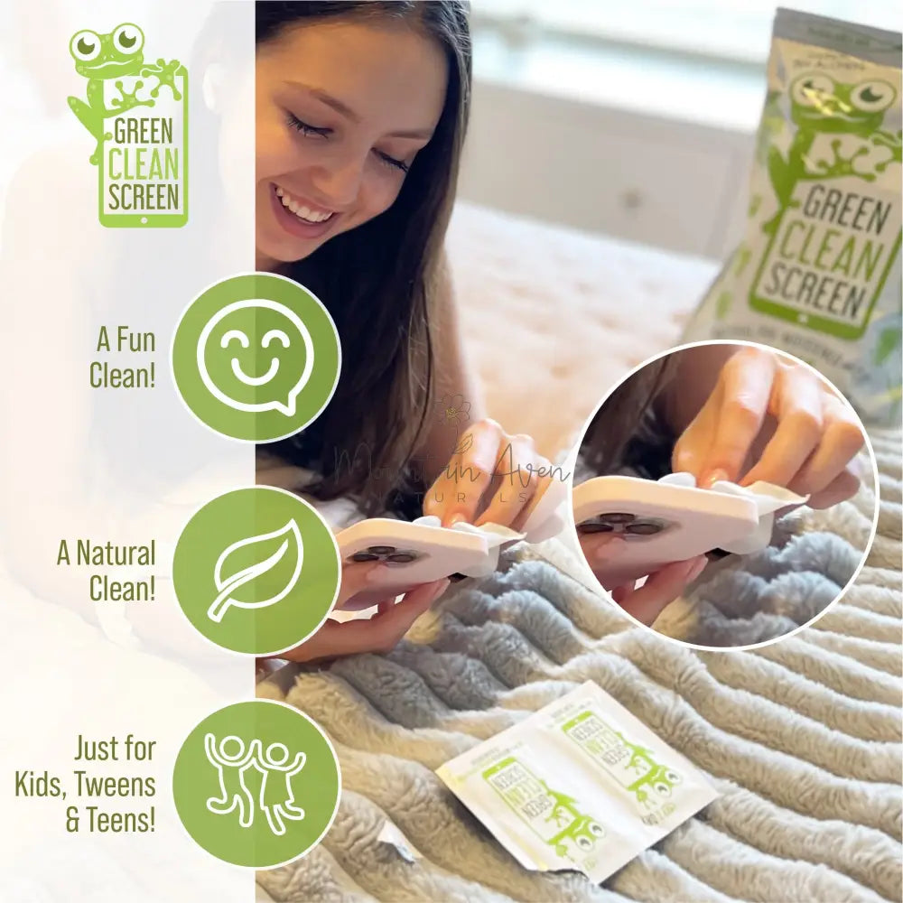 GREEN CLEAN SCREEN 🐸 Natural Screen Wipes for Kid's Electronics!Photo of teen girl using them on her bed with captions - a fun clean, a natural clean and just for kids, tweens and teens